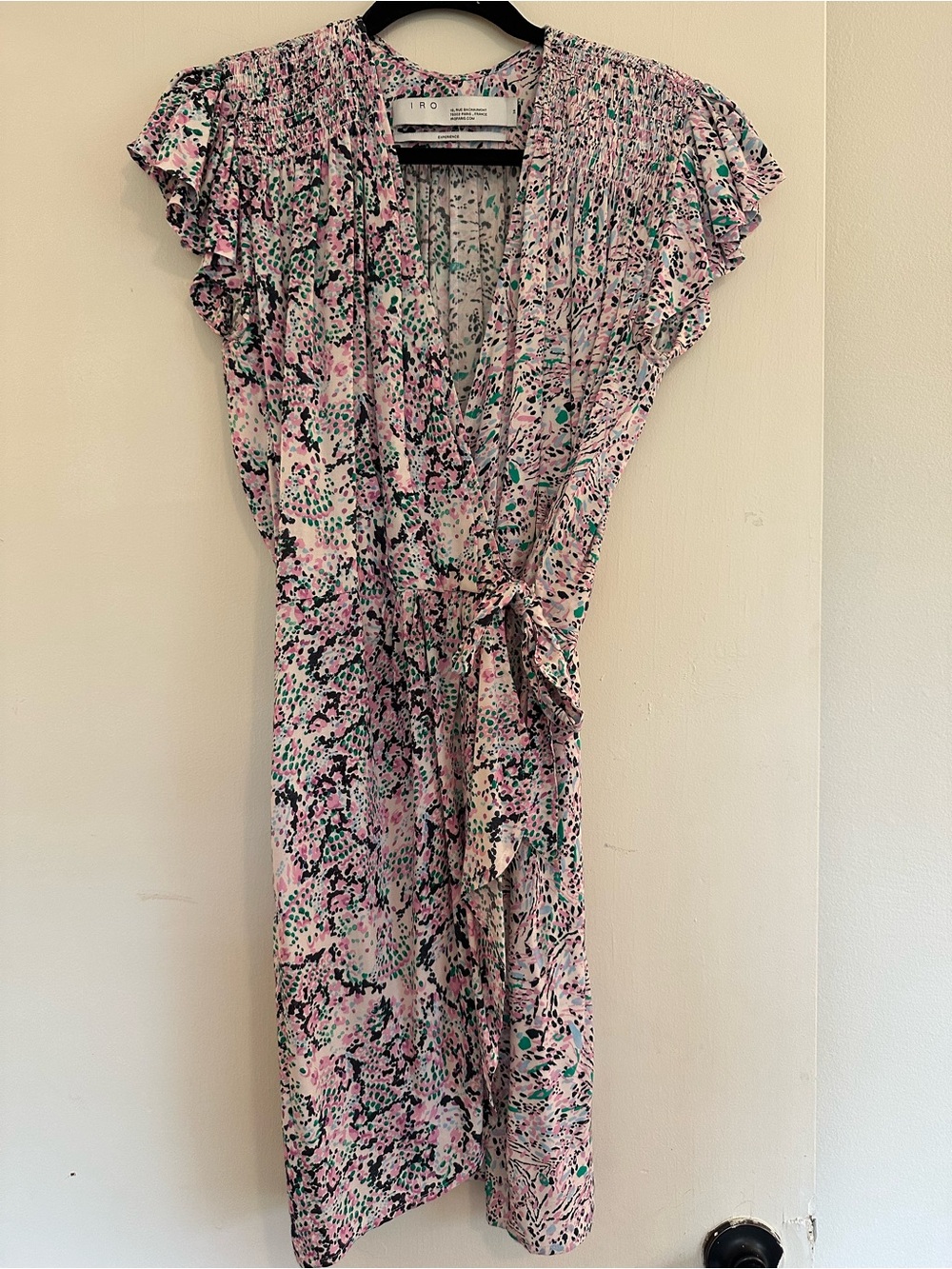 IRO Pink Floral Print Wrap Dress with Green and Black Accents